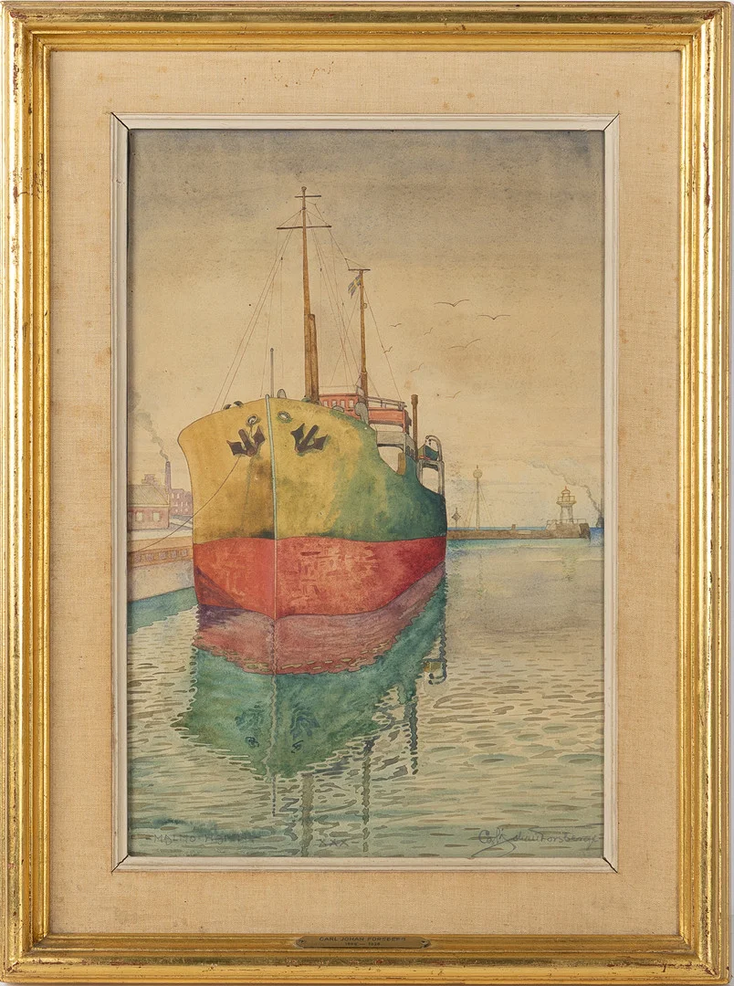 CARL JOHAN FORSBERG. Akvarell, fartyg i Malmö Hamn, signerad och benämnd Malmö Hamn. — Paintings — Stockholms Auktionsverk Helsingborg