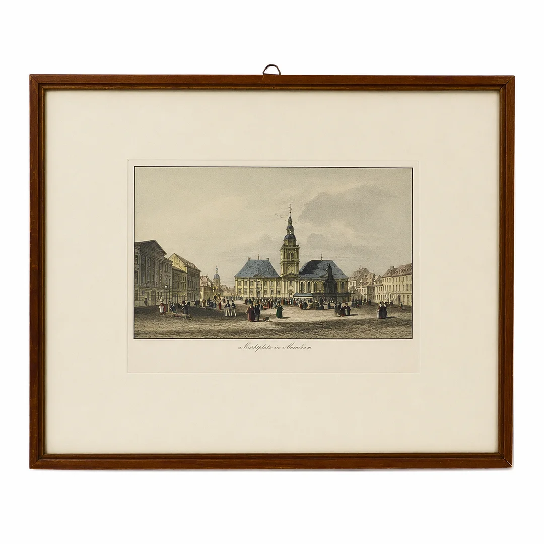 MARKTPLATZ IN MANNHEIM – HANDKOLORIERTER STAHLSTICH, KUNSTHANDLUNG K. FERD. HECKEL. — Engravings & Prints — Auktionshaus Stuber's Hammerschlag