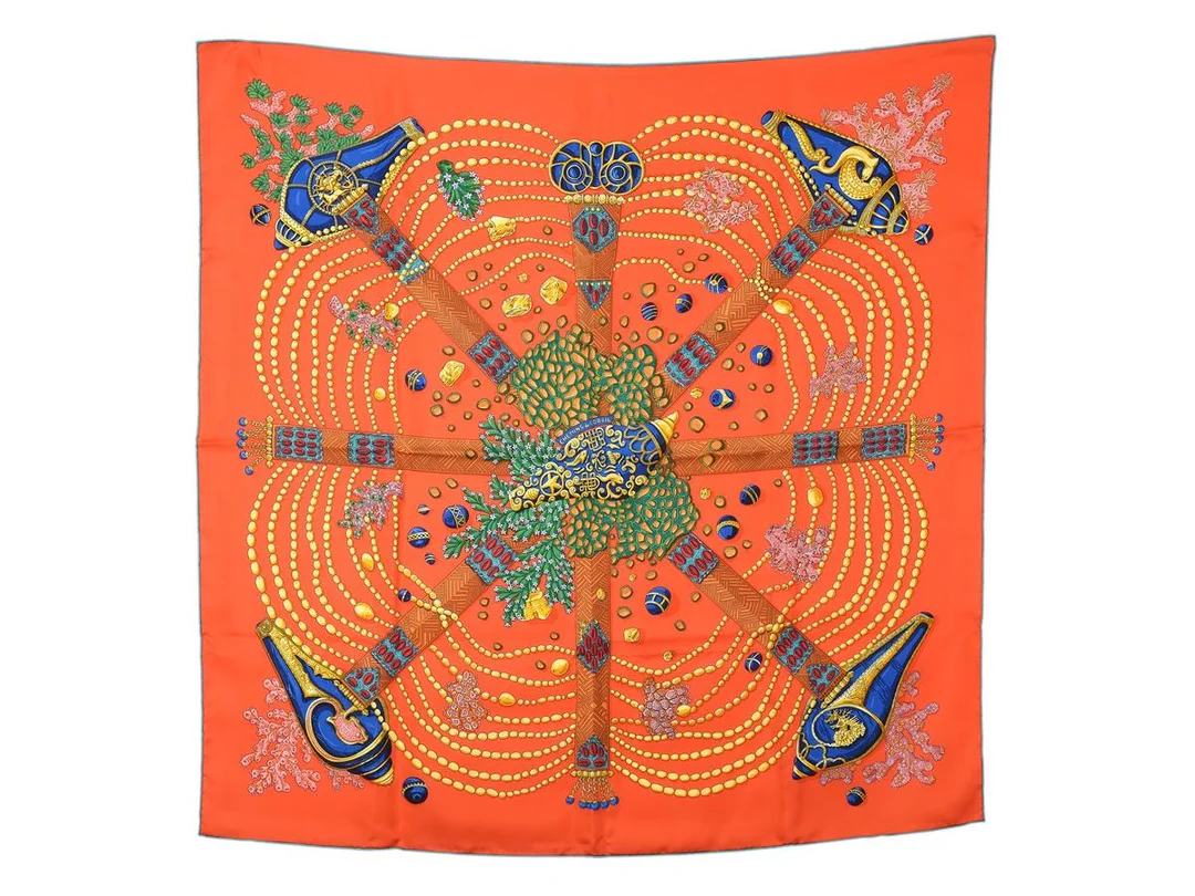 HERMÈS, SCARF, Chemins de Corail, Annie Faivre, 100% siden, 90x90 cm, multifärgad, orange, blå, grön, gul, originalask. Excellent Condition. — Accessoarer/Scarves — Kaplans