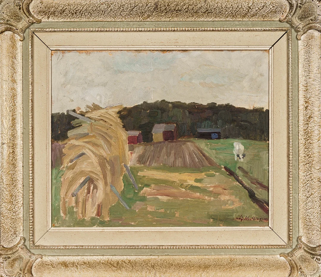 STIG WRETLING. OIja på pannå, "Höstdag, Harrsele", Signerad, 1944. — Paintings — Norrlands Auktionsverk
