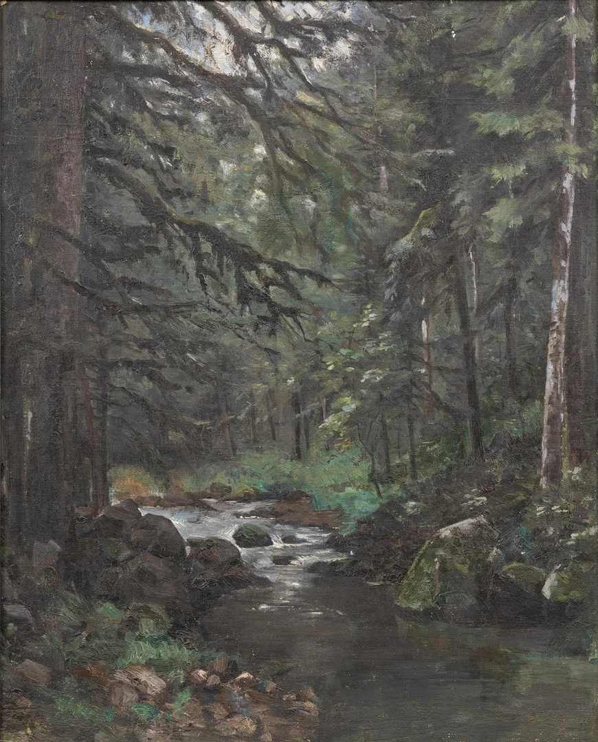 OKÄND KONSTNÄR. Bäck i skogslandskap, olja pannå, osignerad. — Paintings — Garpenhus Auktioner
