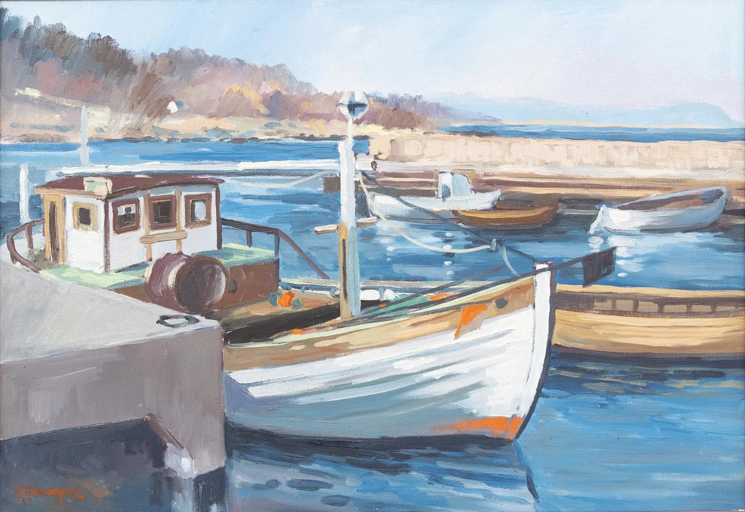 ROLF HALLENGREN (1932-2009). Putte´s fiskebåt i Baskemölla hamn. olja på duk, signerad. — Paintings — Garpenhus Auktioner