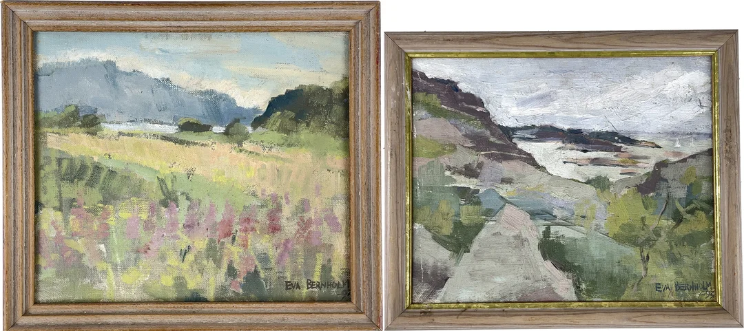 EVA BERNHOLM. Landskapsmotiv, 2 st, olja på pannå, signerade & daterade -92 resp. -93. — Paintings — Roslagens Auktionsverk