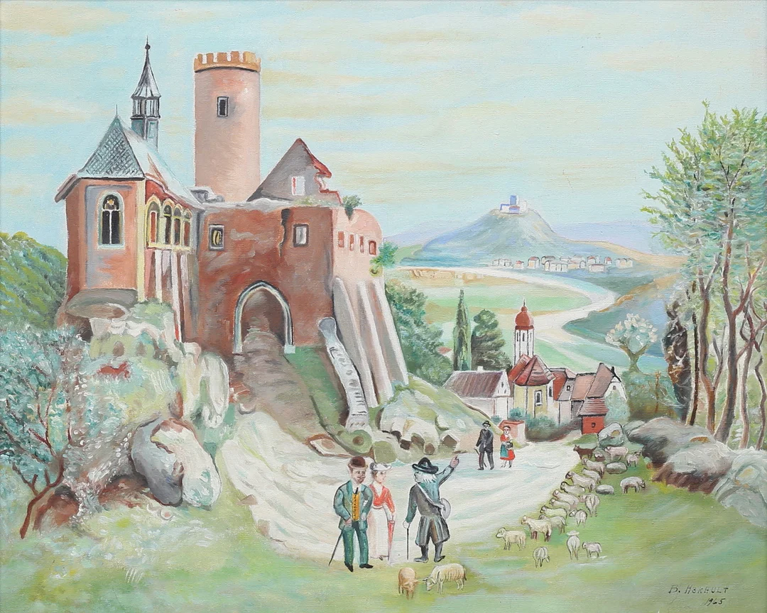 OIDENTIFIERAD KONSTNÄR. Sydländskt landskap med slott, olja på duk, signerad B Hökhult, daterad 1965. — Paintings — Auktionshuset Thelin & Johansson