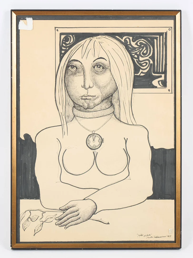 PERTTI KOLEHMAINEN (1944-1993). "Flickan med klockan", signerad samt daterad 1969, akvarell och blandteknik på papper. — Paintings — Stockholms Auktionsverk Helsinki