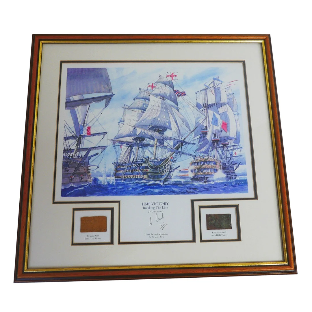 AFTER STEPHEN ARCH 'HMS VICTORY BREAKING THE LINE' LIMITED EDITION PRINT MOUNTED WITH SHIP FRAGMENTS. — Other collectables — Batemans of Stamford