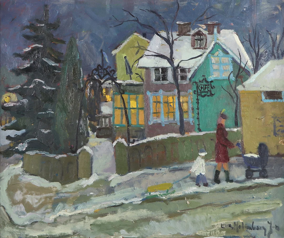 EVA HOLMBERG-JACOBSSON. Oljemålning på duk. Stadsmotiv. Signerad. — Paintings — Skånes Auktionsverk