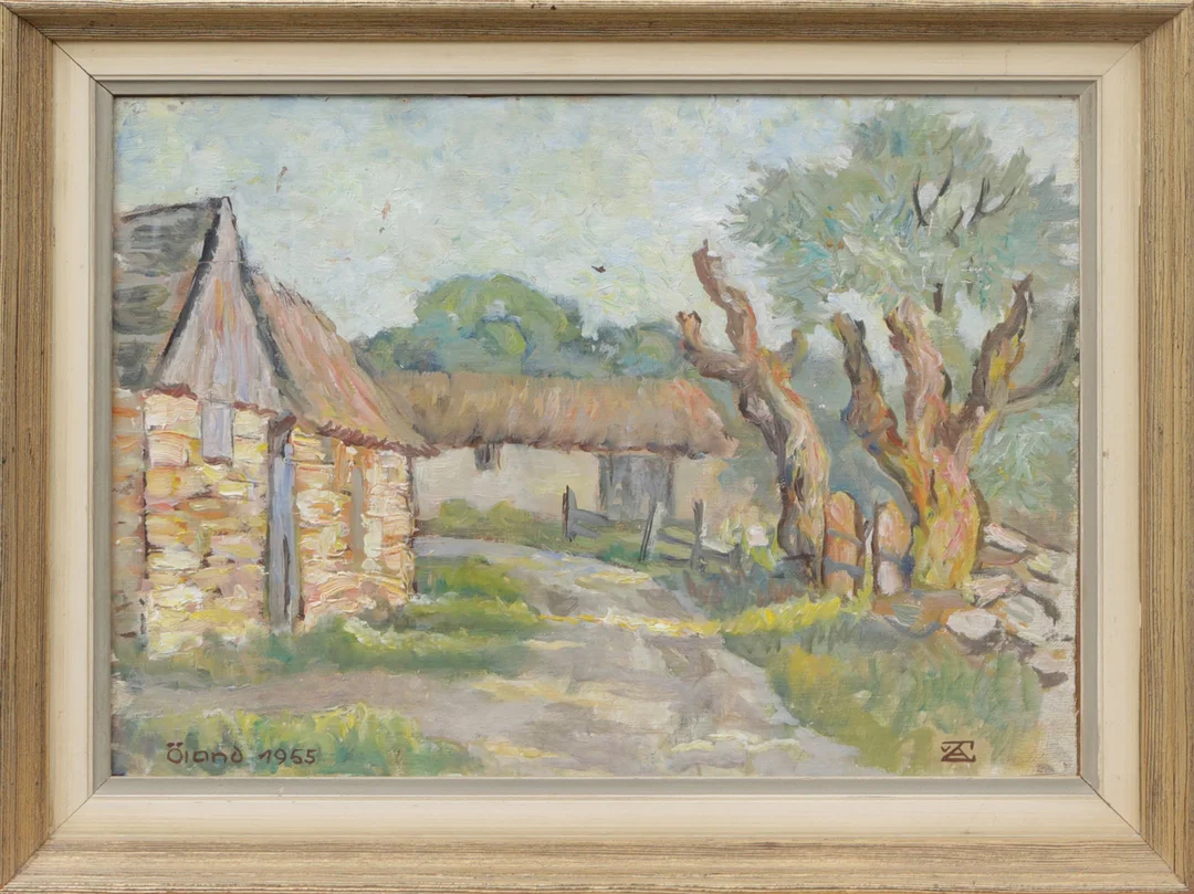 OIDENTIFIERAD KONSTNÄR. OLJA, på pannå, Ölandsmotiv, signerad, 1955. — Paintings — Kalmar Auktionsverk