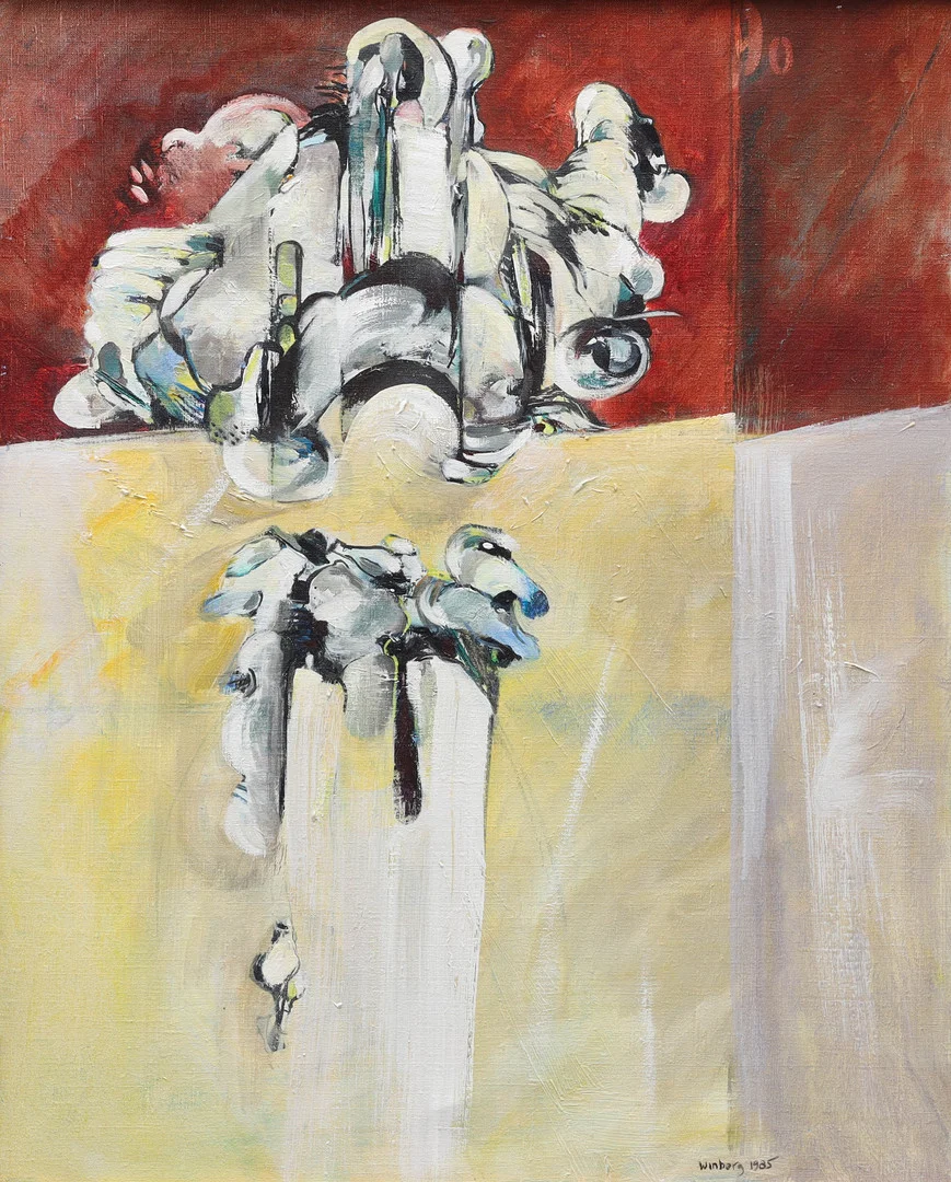 BENGT WINBERG. olja på duk, "Imaginär visit", signerad Winberg, daterad 1985. — Paintings — Auktionsmagasinet Vänersborg