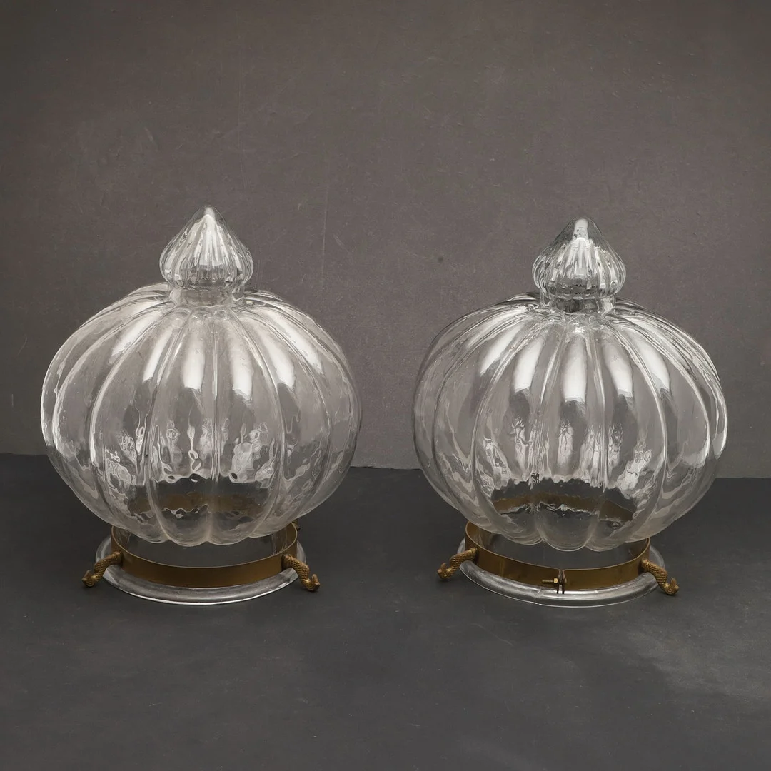 A PAIR OF MID-20TH CENTURY PRESSED AND MOULDED GLASS CEILING LIGHT SHADES. — Ceiling lights — Lawrences Auctioneers