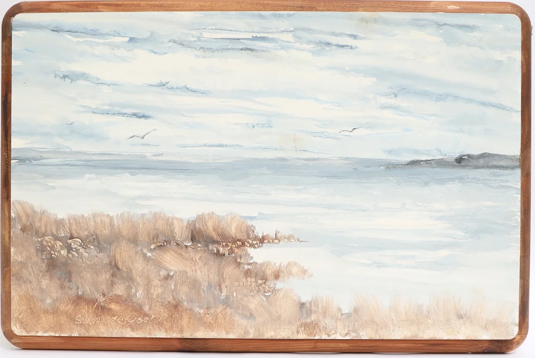 OIDENTIFIERAD KONSTNÄR. Strandbank med fåglar, oljemålning på träskiva, otydligt signerad. — Paintings — Falun Auktionsbyrå