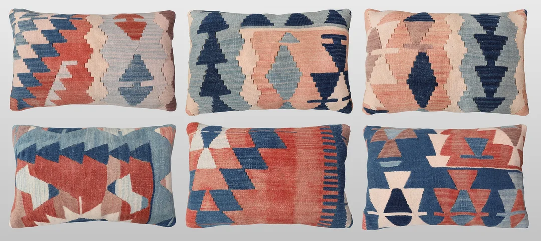 KUDDFODRAL. Parti kuddfodral 6st, anatoliska Kelim fragment, 60 x 40 cm. — Oriental Carpets & Textiles — Gomér & Andersson Jönköping