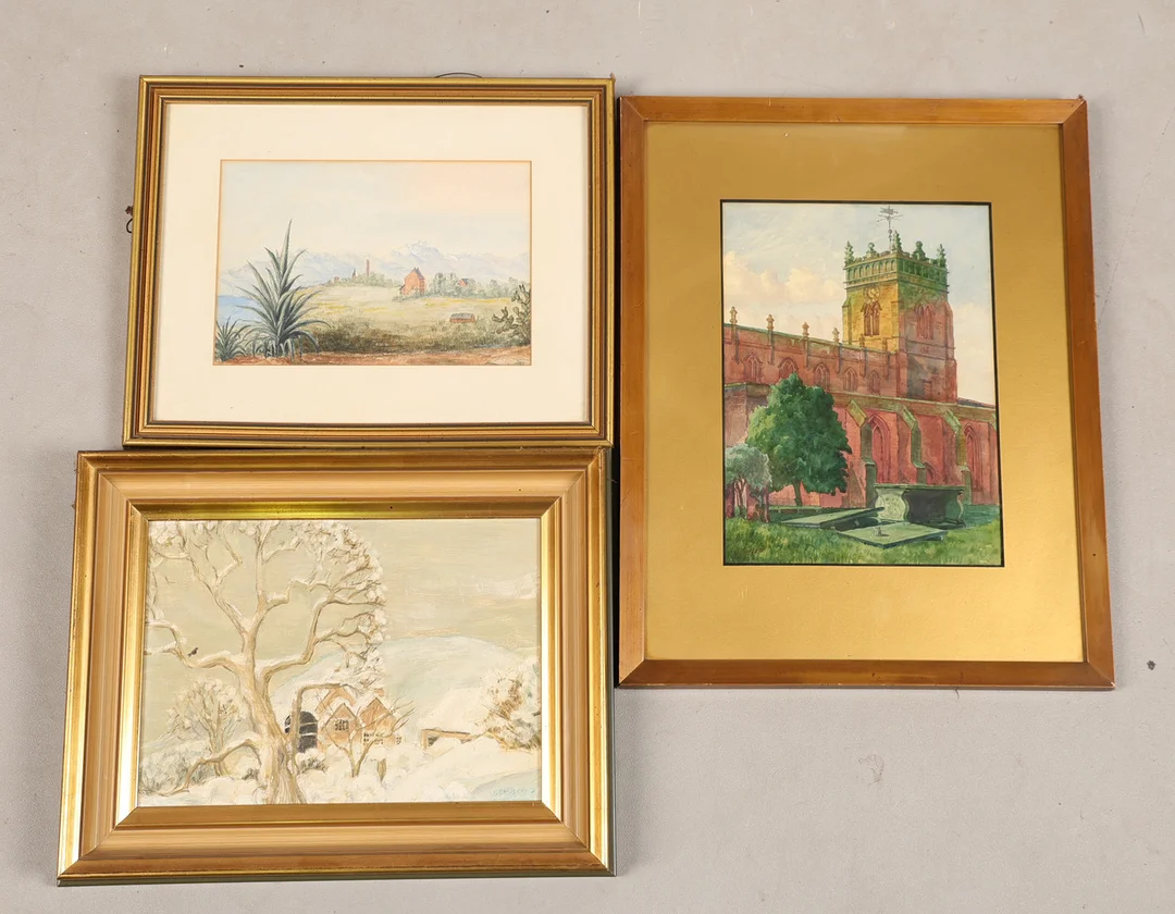 A WINTER OIL ON BOARD, WATERCOLOUR LANDSCAPE TOGETHER WITH A WATERCOLOUR OF A CHURCH (3). — Paintings — Bishop & Miller