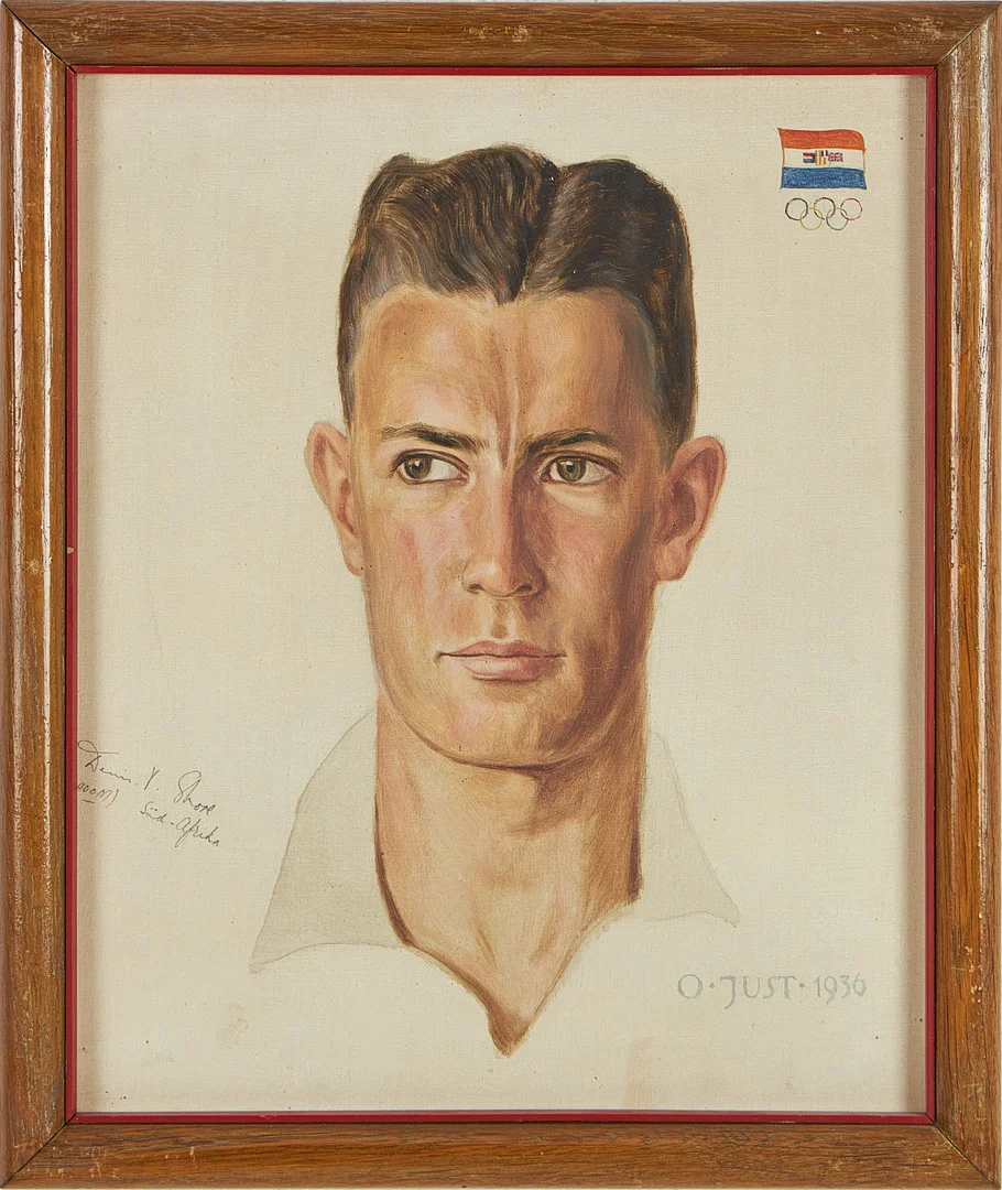 OSKAR JUST. Porträtt av Denis V. Shore Sydafrika (1915-1963), olja på duk, uppfordrad på pannå, signerad och daterad O. Just 1936, målad i samband med Olympiska Spelen i Berlin 1936. — Paintings — Stockholms Auktionsverk Magasin 5