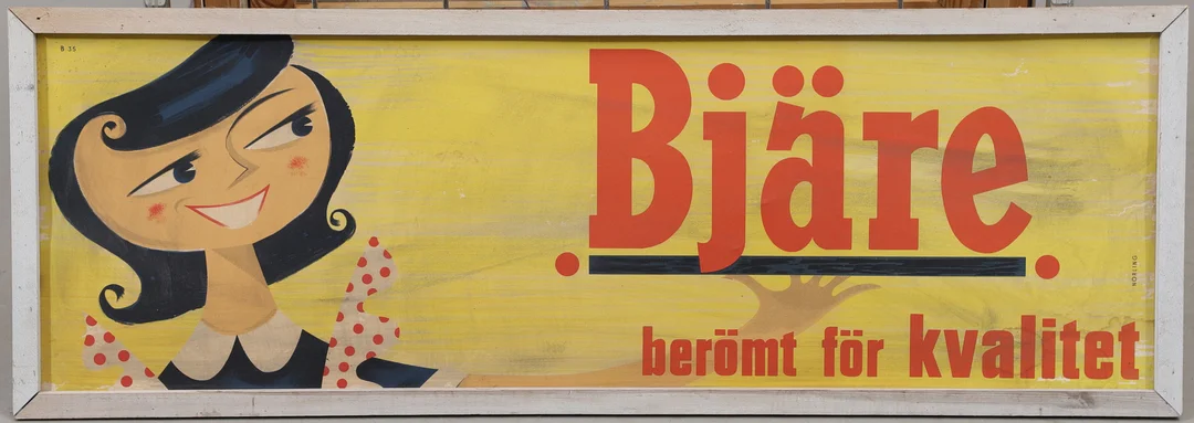 REKLAMSKYLT, "Bjäre - berömt för kvalitet", Norling, 1950-tal. — Advertising & Signs — Växjö Auktionskammare