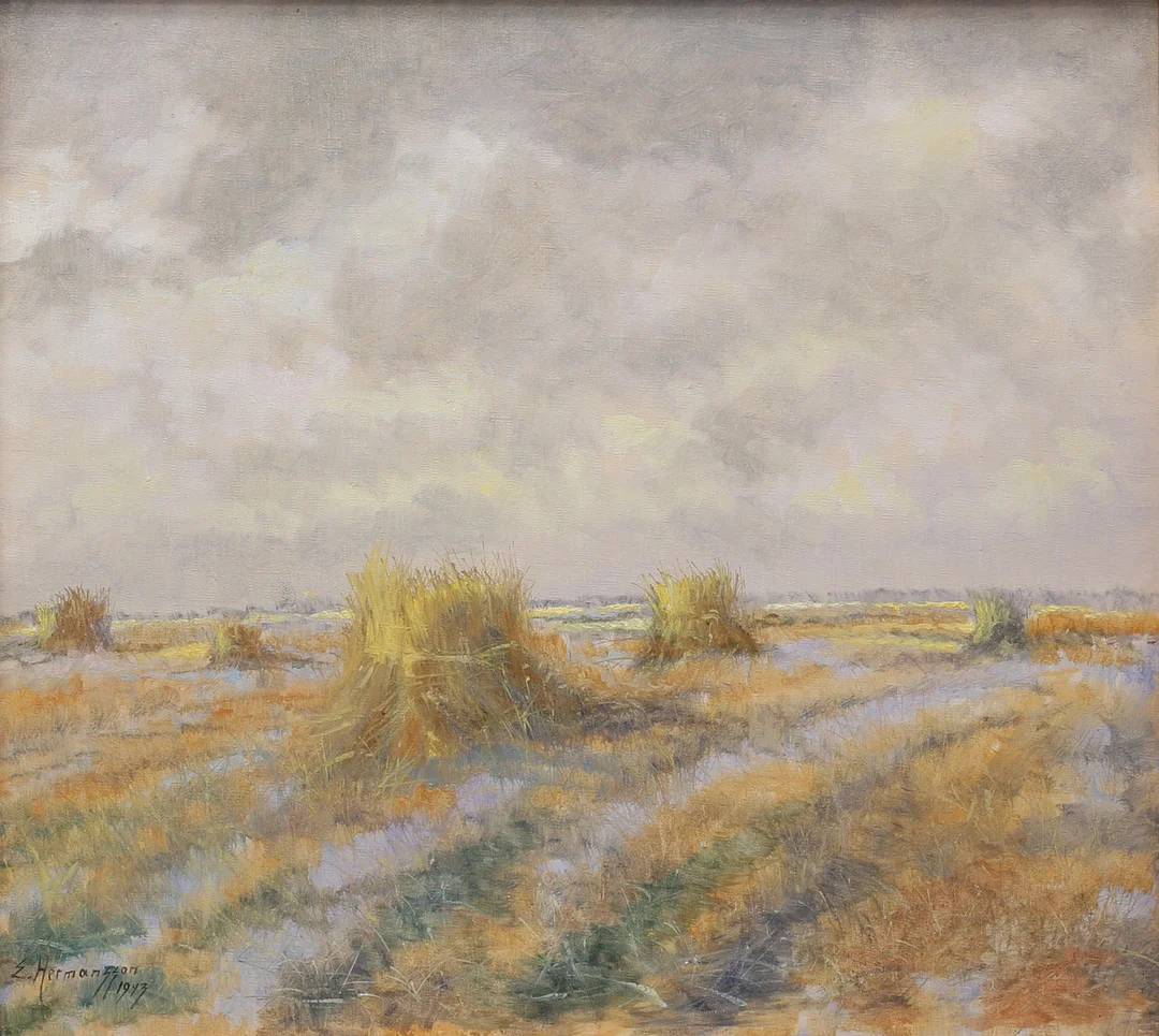 ELSE HERMANSSON. Åkerlandskap. Olja på duk, signerad och daterad 1943. — Paintings — Auktionshuset Thelin & Johansson