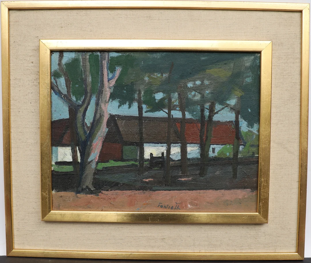 TOM FALROTH. Motiv med hus, oljemålning på duk, signerad. — Paintings — Falun Auktionsbyrå