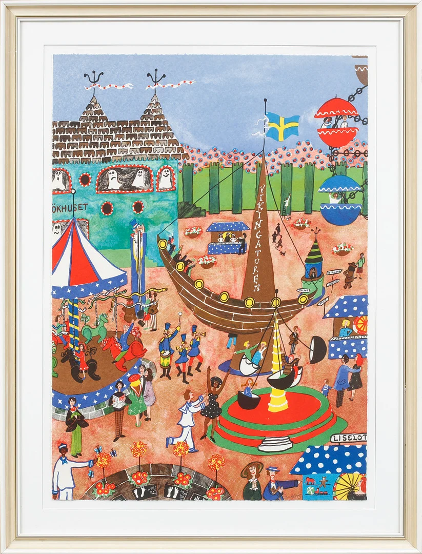 MARIKA LANG. "Liseberg", färglitografi, signerad och numrerad 9/360. — Engravings & Prints — Göteborgs Auktionsverk