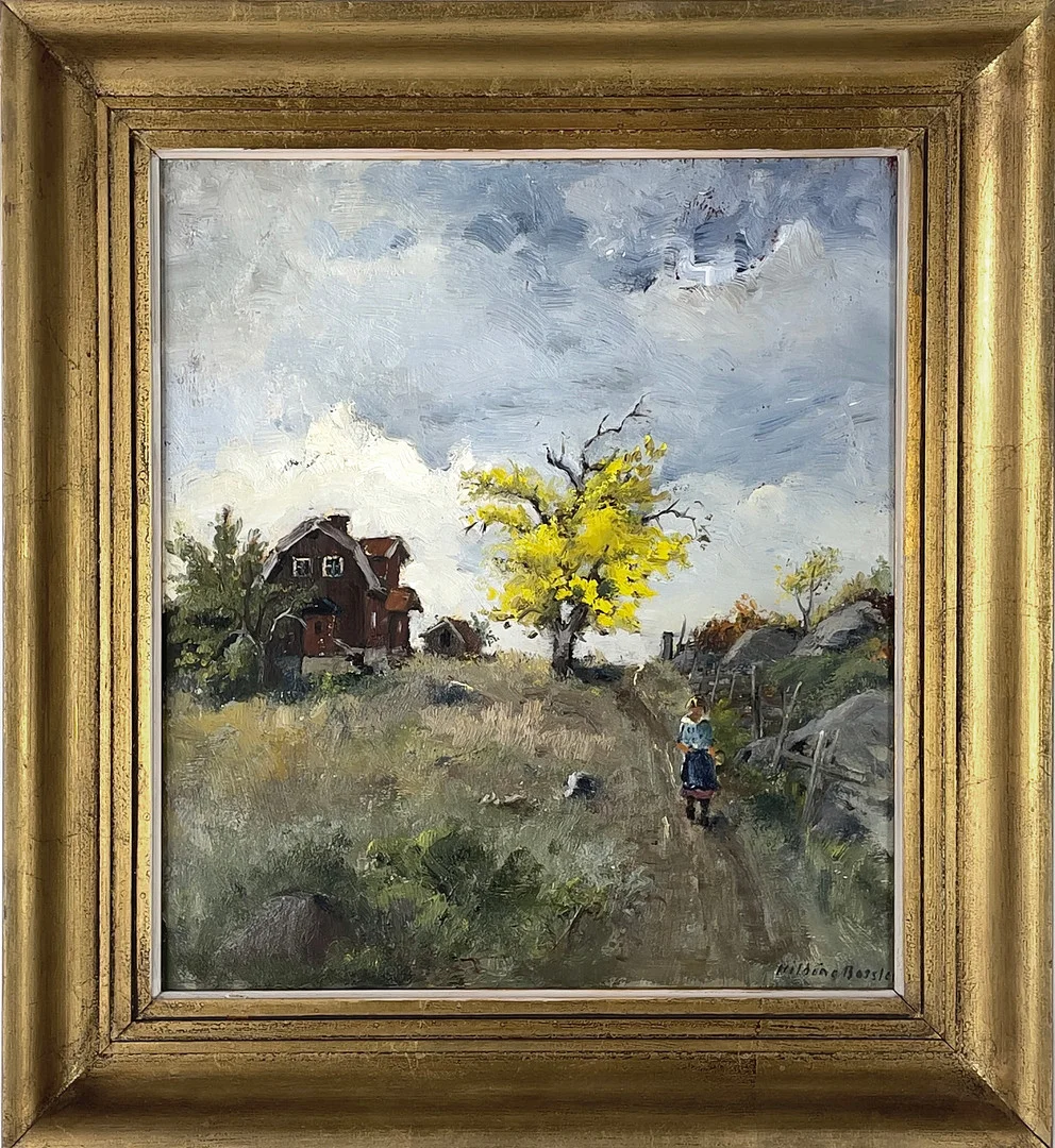 HILDING BOSSLER. Landskapsväg, olja på pannå, signerad. — Paintings — Roslagens Auktionsverk