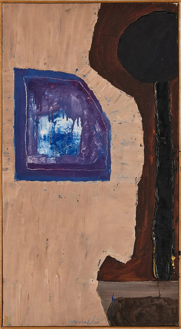 NANCIE WEST SWANBERG (SVERIGE/USA FÖDD 1940). Figurkomposition, blandteknik på duk. — Paintings — Stockholms Auktionsverk Magasin 5