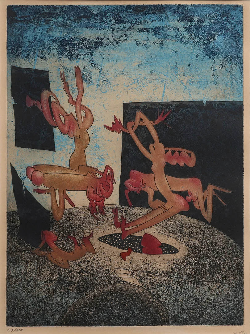 ROBERTO MATTA. ETSNING OCH AKVATINT BLAD 8 UR "LA DANSE DE LA MORT", SIGNERAD OCH NUMRERAD 43/100, UTGIVEN 1972. — Engravings & Prints — Crafoord Auktioner Lund