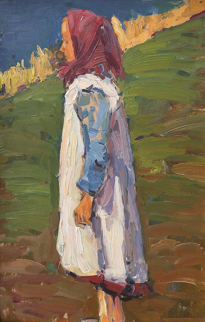OIDENTIFIERAD KONSTNÄR. olja på pannå, flicka i profil, otydligt signerad, 1900-talets första hälft. — Paintings — Gomér & Andersson Linköping