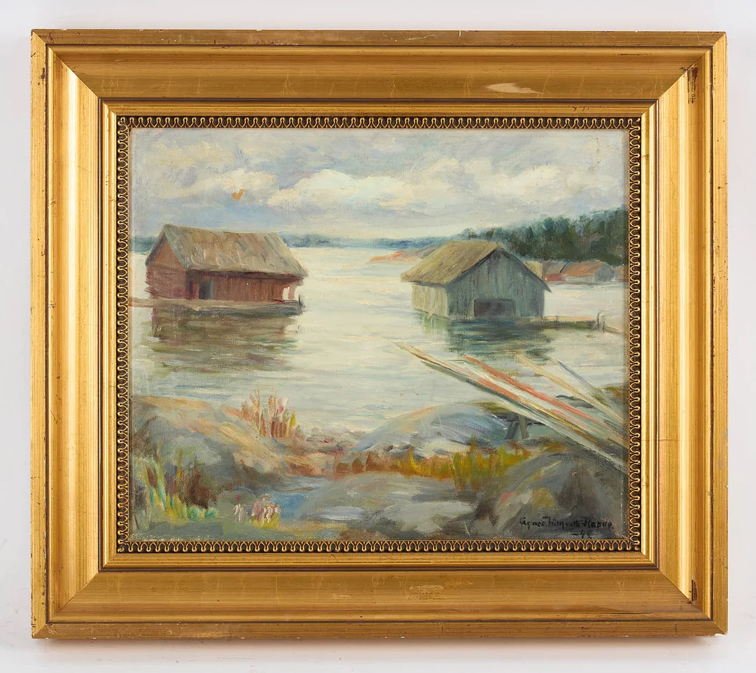 AGNES WITHFOOT-RAADE (1872-1966). Strandbodar, signerad samt daterad -42, olja på duk. — Paintings — Stockholms Auktionsverk Helsinki