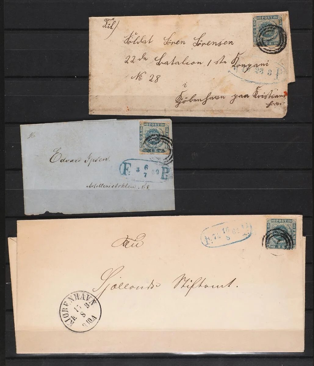 1855. 2 Skilling, blue. Accumulation with 6 covers, all footpost covers incl. an interesting cover sent to a soldier and one cover sent outside the ramparts — Stamps, Covers & Postal History/Denmark/1854-udgave — Bruun Rasmussen