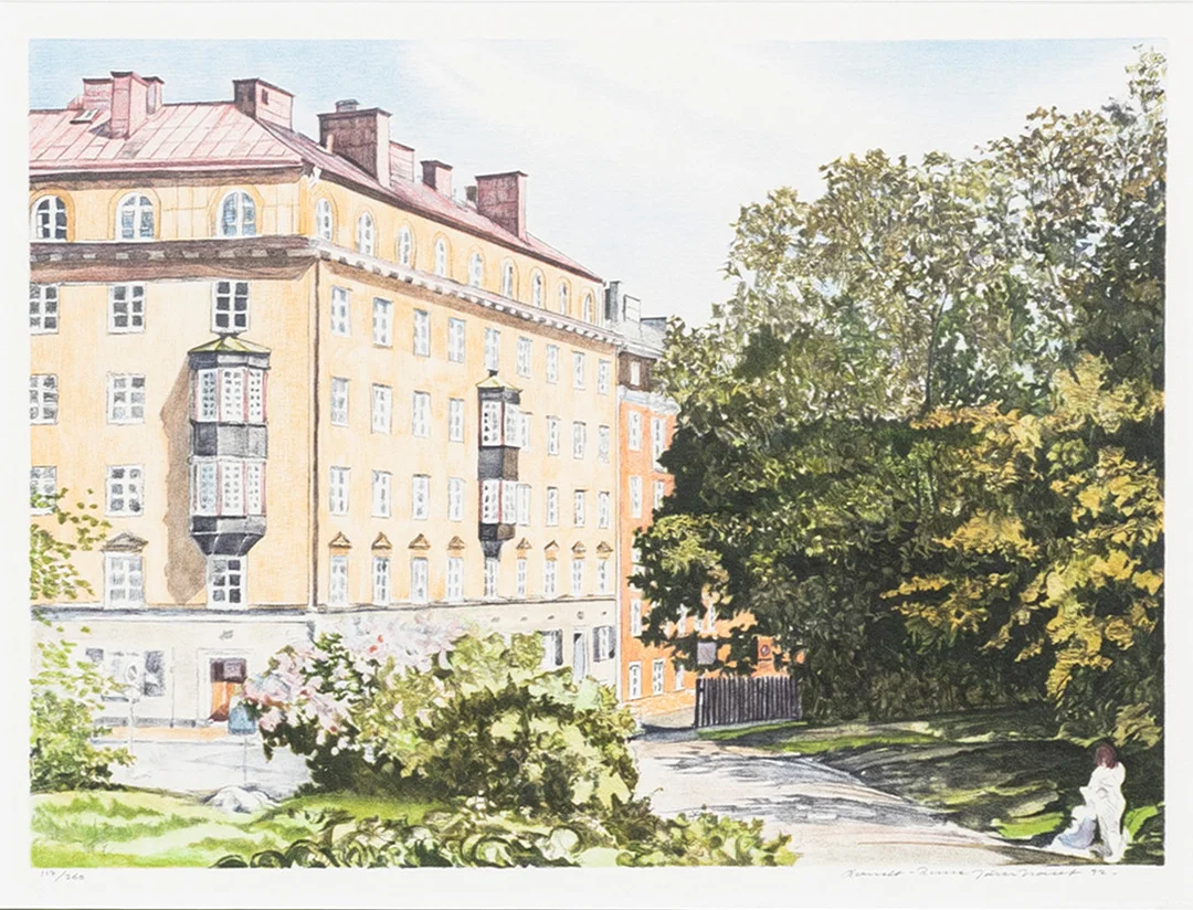BERNDT-RUNE JÄVERBRANT (1941-). Skånegatan/Klippgatan, färglitografi, signerad, numrerad och daterad, 117/360, -92. — Engravings & Prints — Auktionshuset Kolonn
