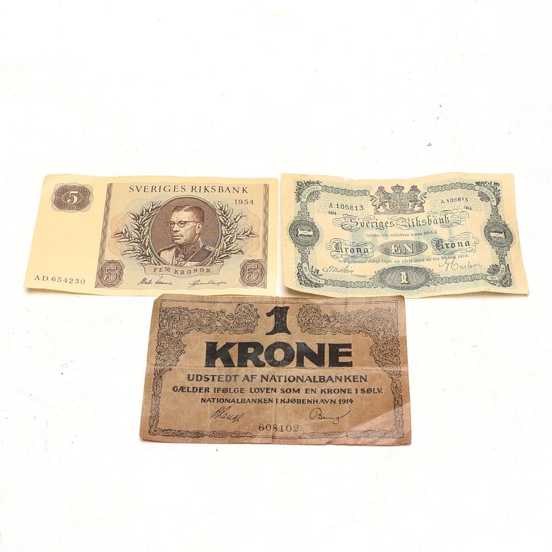SEDLAR, 3 st, Sverige och Danmark. — Coins & Banknotes — Kalmar Auktionsverk