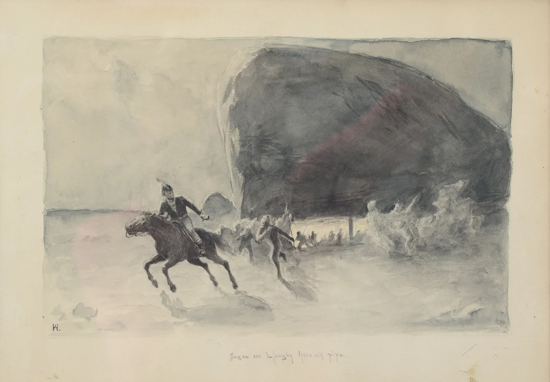 AXEL HERMAN HÄGG. "Sagan om Ljungby horn och pipa", akvarell, monogramsignerad. — Paintings — Formstad Auktioner