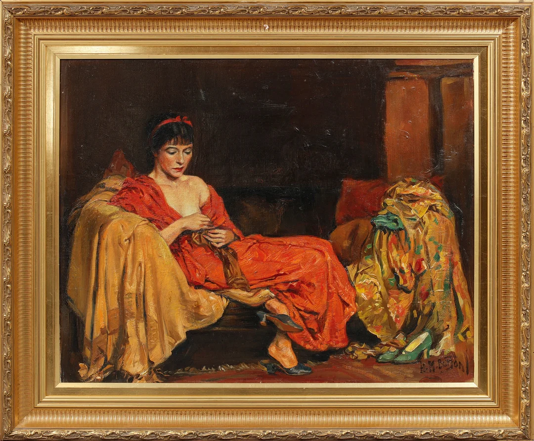 HARRY MARRIOTT BURTON. "Scarlet kimono", olja på duk, signerad. — Paintings — Göteborgs Auktionsverk
