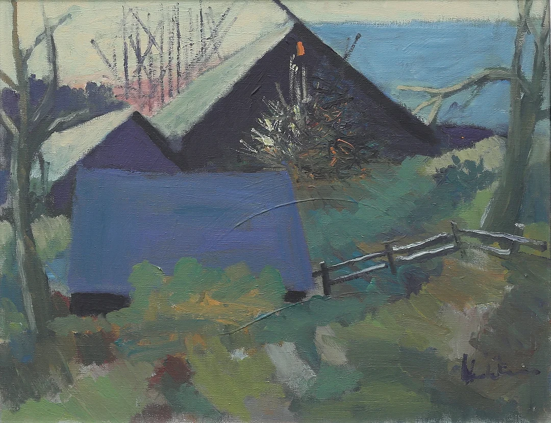 KAI CHRISTENSEN. Kustmotiv med byggnader. Olja på duk, signerad. — Paintings — Auktionshuset Thelin & Johansson