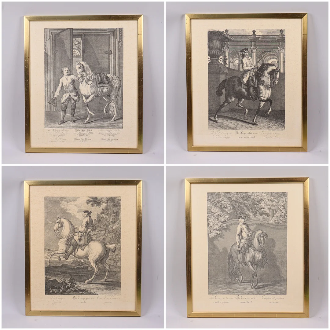 JOHANN ELIAS RIDINGER. EFTER. etsningar, ryttar med häst i olika positioner, 1800-tal, 4 st. — Engravings & Prints — Markus Auktioner