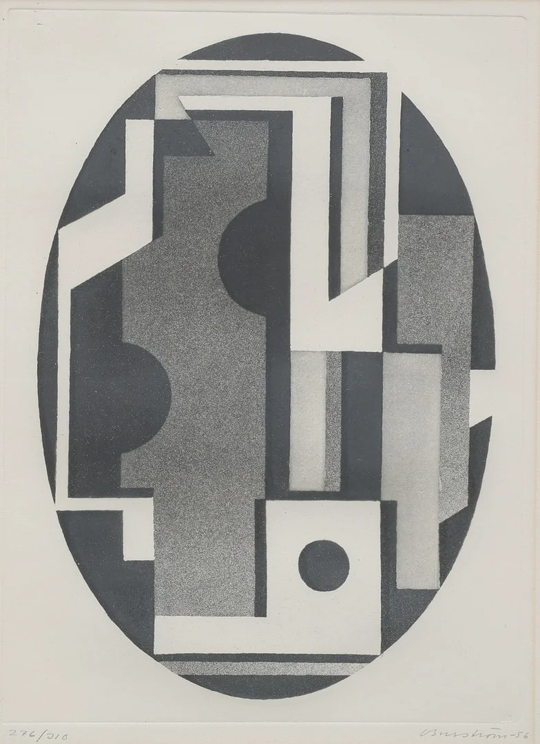 CURT BURSTRÖM. ETSNING OCH AKVATINT, "COMPOSITION 10", SIGNERAD, NUMRERAD 276/310 OCH DATERAD 1956. — Engravings & Prints — Crafoord Auktioner Lund