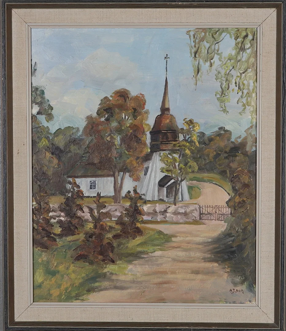 OIDENTIFIERAD KONSTNÄR, Olja på pannå, kyrka, signerad. — Paintings — Gomér & Andersson Norrköping