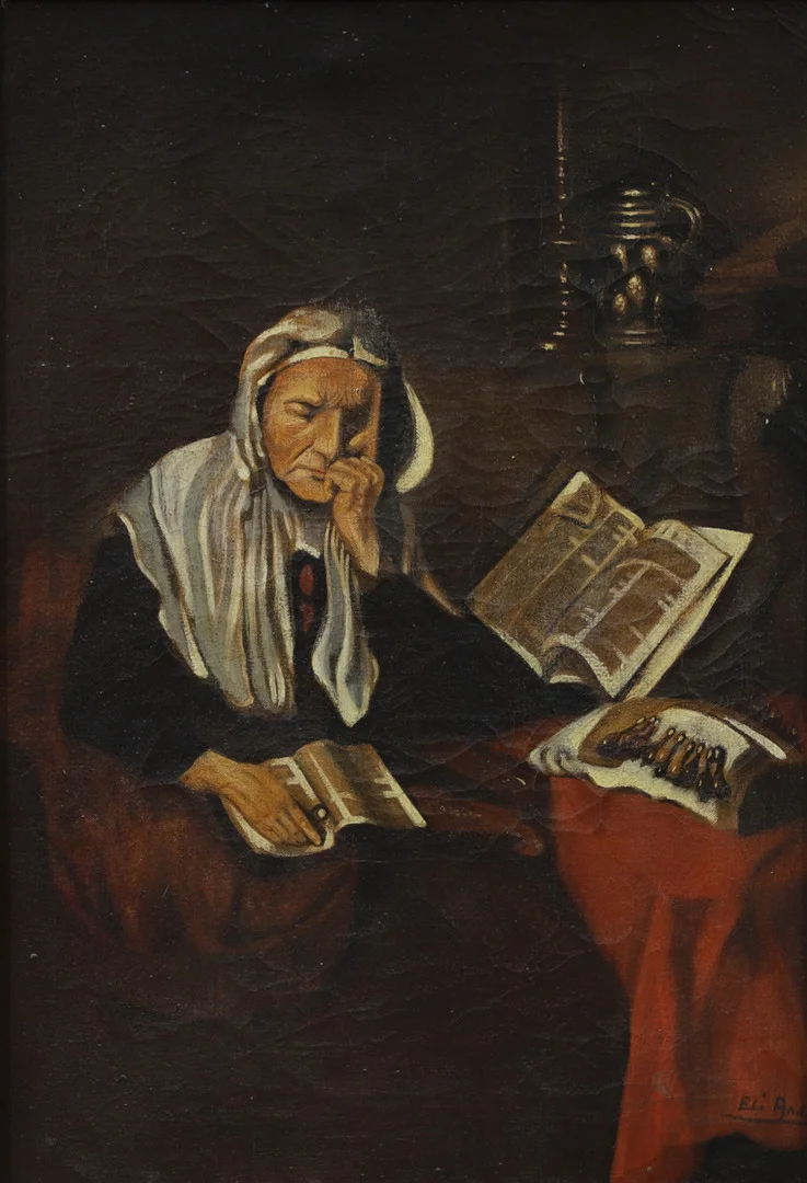 OIDENTIFIERAD KONSTNÄR. Läsande äldre kvinna, olja på duk, signerad, 1800-tal. — Paintings — Växjö Auktionskammare