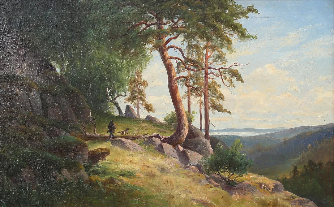JOHNNY MILLAR. Jägare med hund. Olja på duk, signerad. — Paintings — Auktionshuset Thelin & Johansson