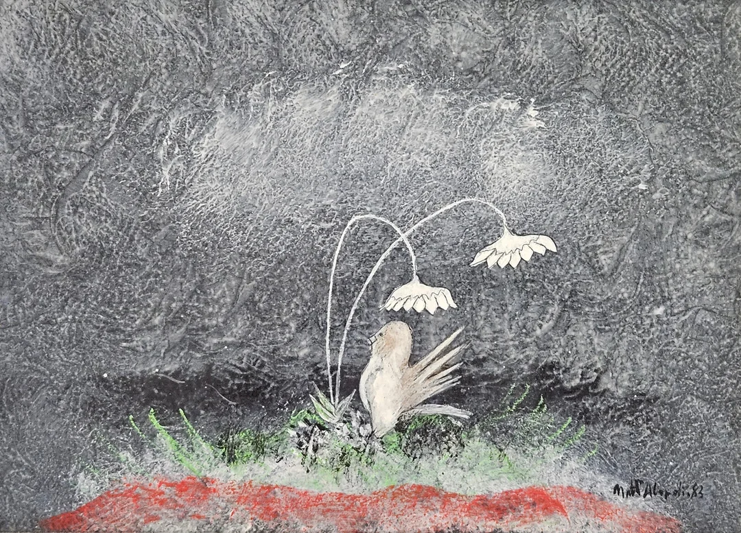 MATTI ALAPOTI. Fågel och blommor. Olja på pannå, signerad Matti Alapoti och daterad -83. — Paintings — Auktionshuset Thörner & Ek