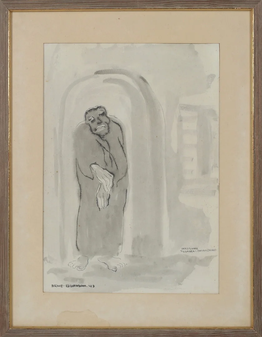 ARNE BOHMAN. "Den stumme tiggaren i Catanzaro", tusch, signerad och daterad -43. — Paintings — Stadsauktion Sundsvall