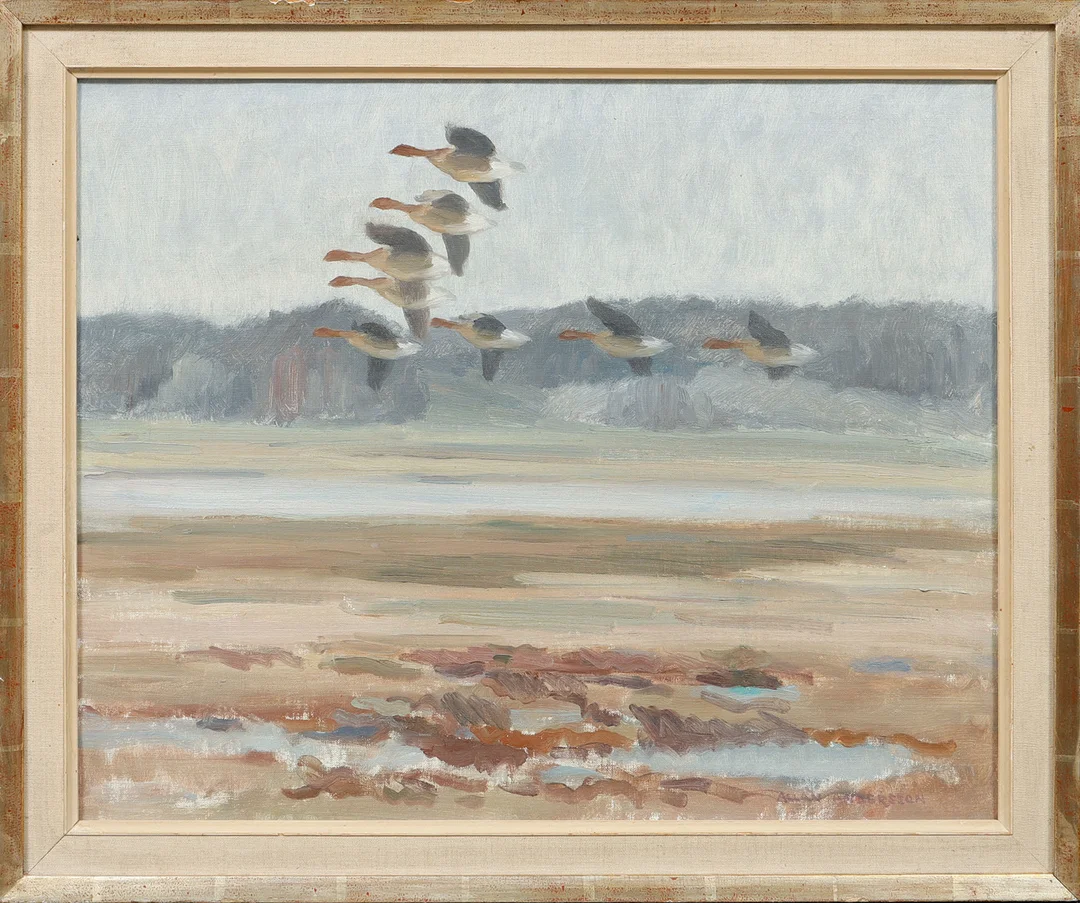 ALLAN ANDERSSON. "Sädgäss åter från betesmarkerna", olja på duk, signerad. — Paintings — Göteborgs Auktionsverk