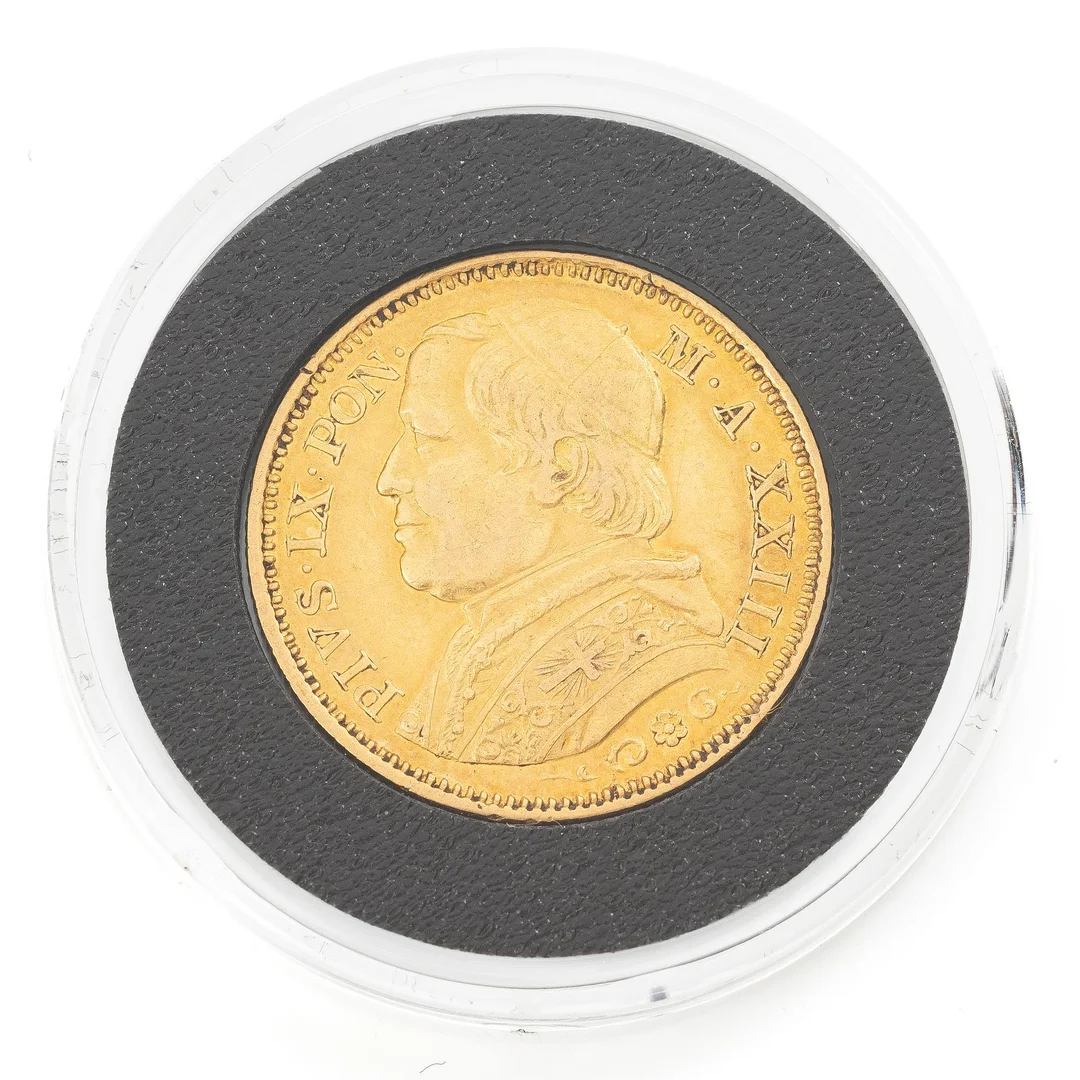 Guldmynt, Vatikanstaten, Pius IX, 20 Lire, 1868. — Militaria/Mynt — Bukowskis