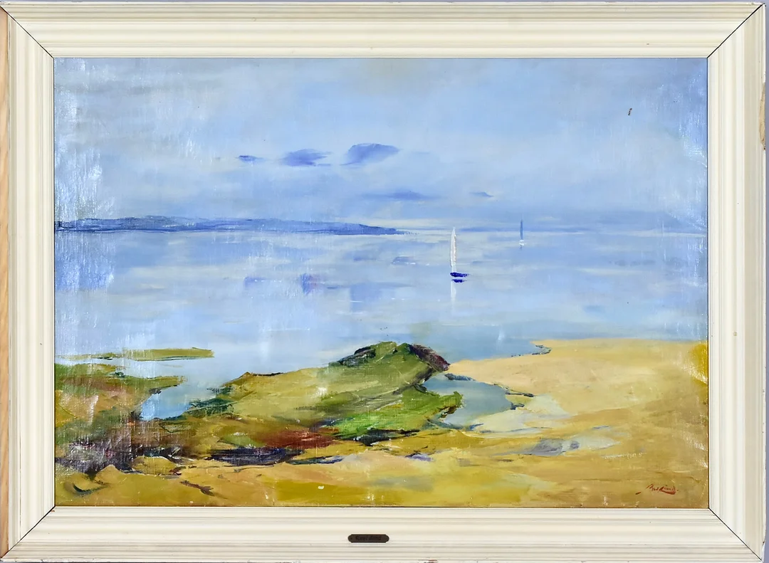 AXEL LIND. oljemålning på duk, kustparti med segelbåt. — Paintings — Halmstads Auktionskammare