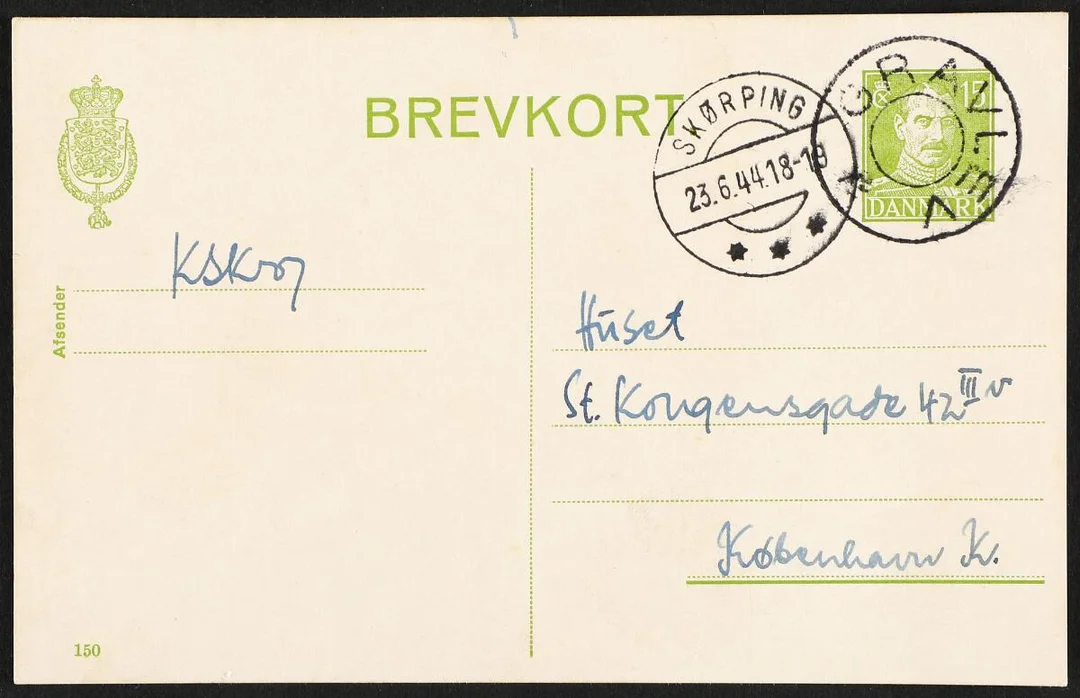 GRAVLEV. Stationery. 15 Øre, green Christian X. Card with removed star canc. GRAVLEV, sidemark SKØRPING 23.6.44 — Stamps, Covers & Postal History/Denmark/Stempler — Bruun Rasmussen