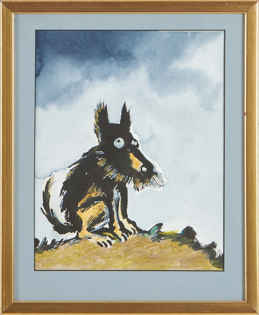 ULF LUNDKVIST. Assar-hunden, akvarell på papper, signerad och daterad 1990. — Paintings — Stockholms Auktionsverk Magasin 5