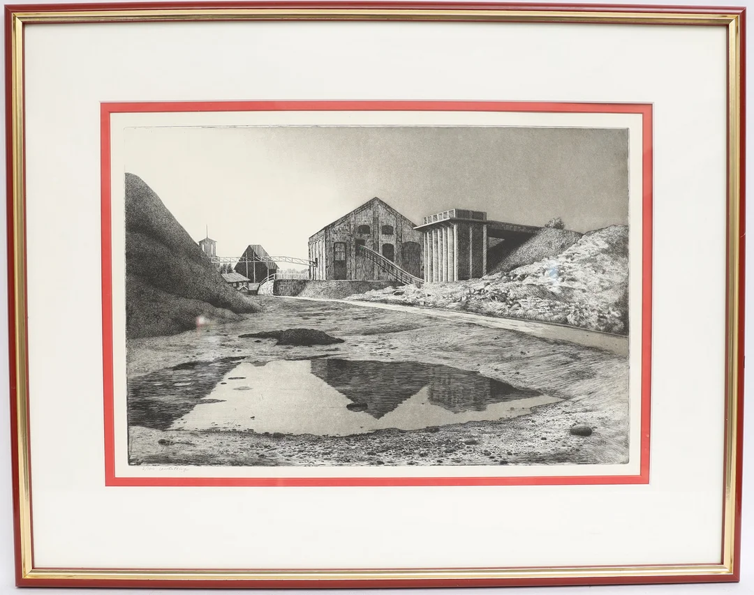 LARS ÖSTLING. Landskap med byggnader, etsning, signerad och numrerad. — Engravings & Prints — Falun Auktionsbyrå