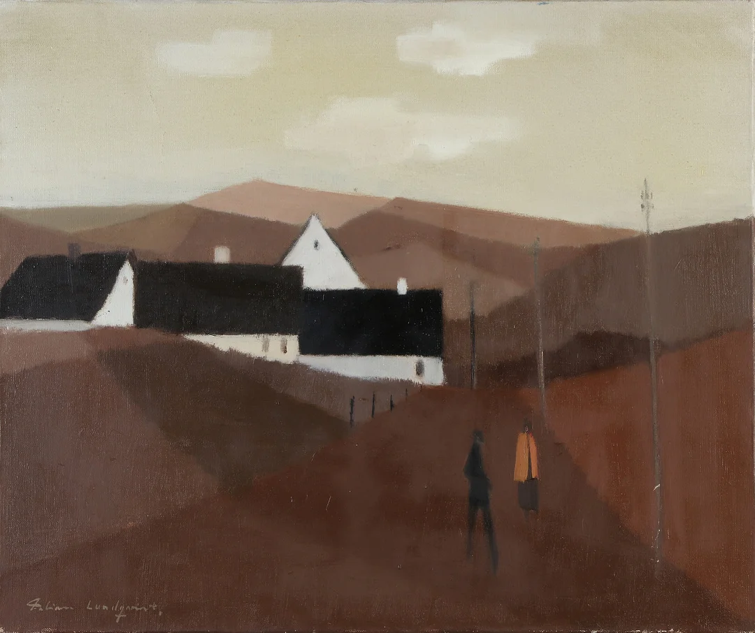 FABIAN LUNDQVIST. Oljemålning på duk. Landskap med huskroppar. Signerad. — Paintings — Skånes Auktionsverk