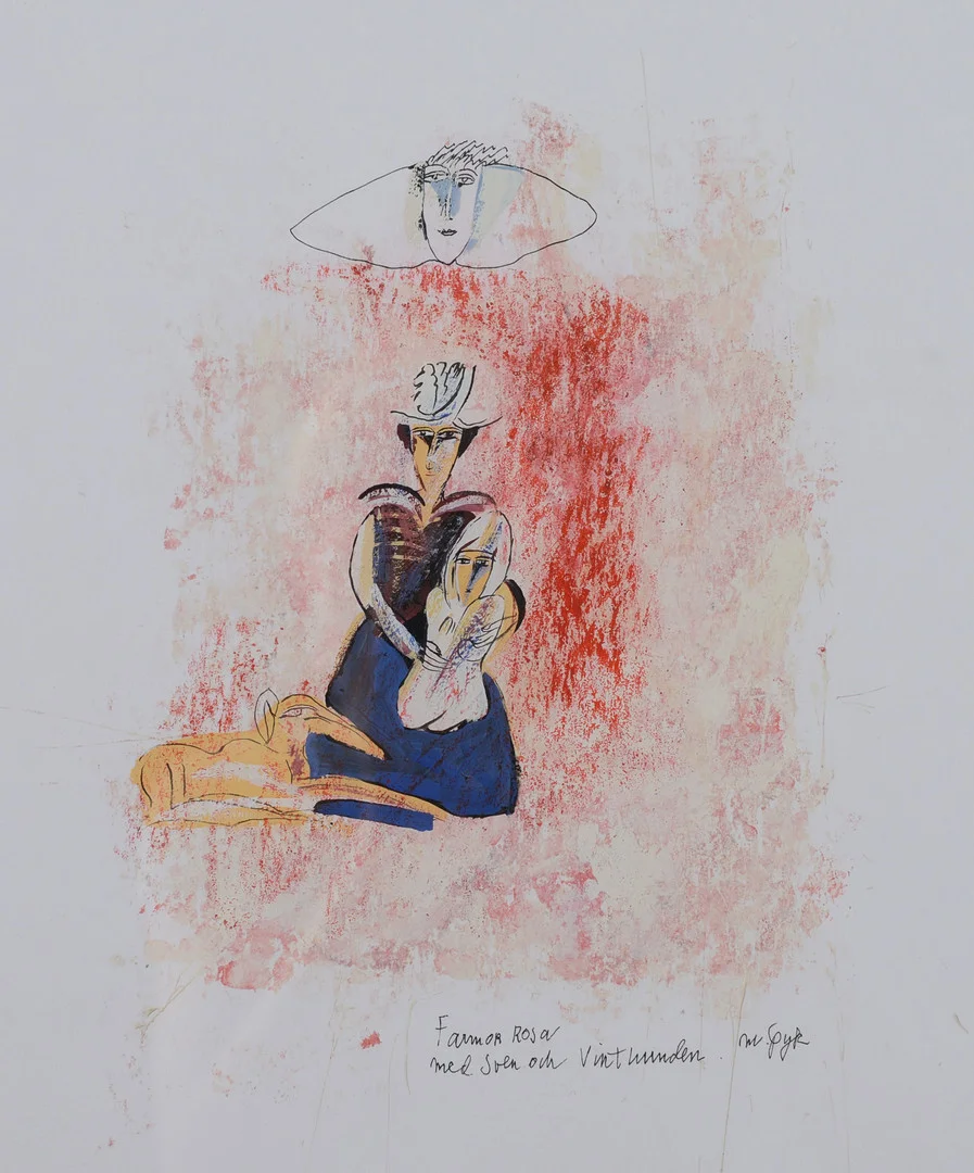 MADELEINE PYK. "Farmor Rosa med Sven och Vinthunden", blandteknik, signerad. — Engravings & Prints — Formstad Auktioner