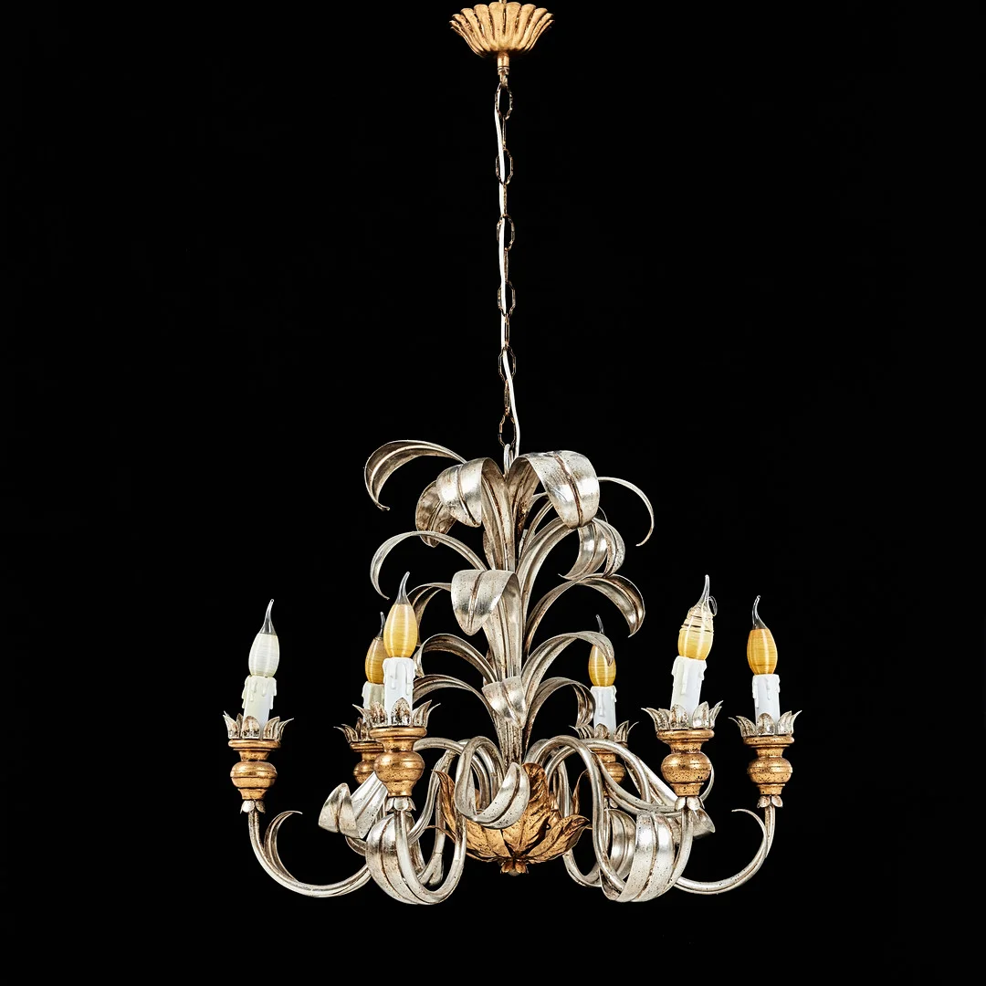 LJUSKRONA, 1900-talet andra hälft, förgylld och försilvrad plåt, 6 armar, elektrifierad. — Chandeliers — Stockholms Auktionsverk Magasin 5