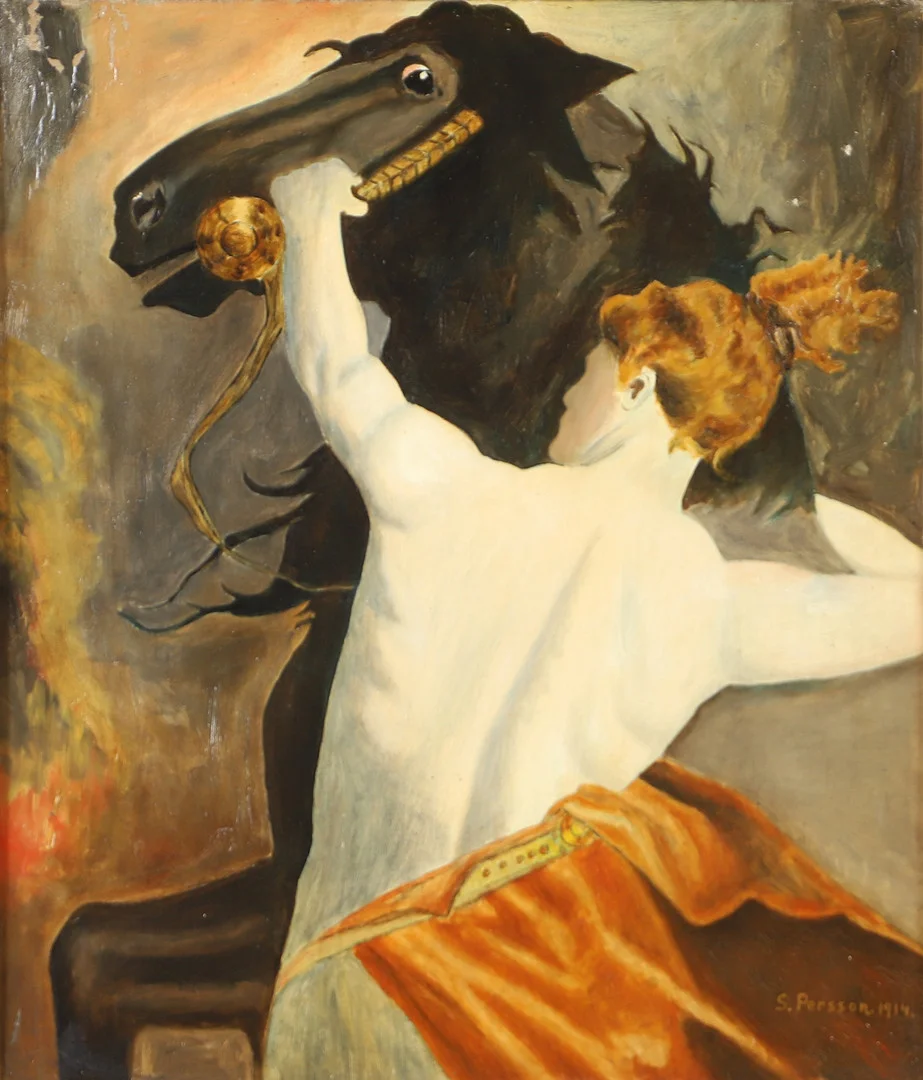 OIDENTIFIERAD KONSTNÄR. Häst och ryttare, olja på duk, signerad S. Persson 1914. — Paintings — Helsingborgs Auktionskammare
